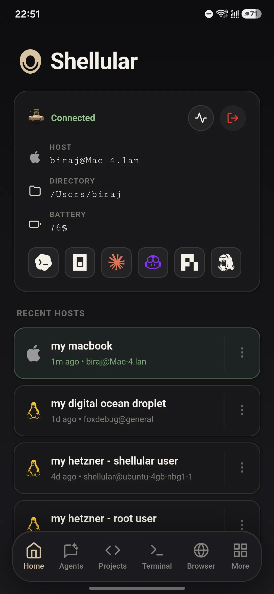 Shellular app home screen showing active sessions on the host machine.