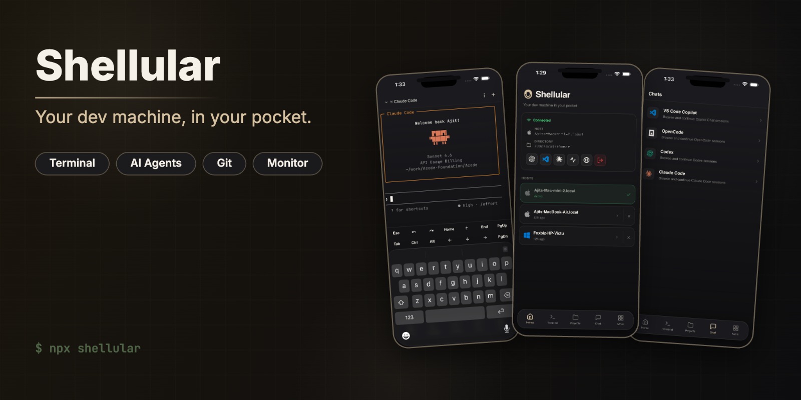Shellular: Run agents, terminals and browser DevTools from your phone