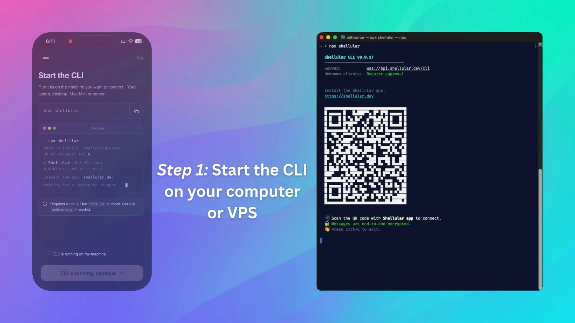 Shellular CLI running on a server, printing a QR code in the terminal next to the app's Start the CLI screen.